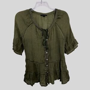 5352)Zac & Rachel XL Green Boho Peasant Embroidery Puff Sleeve Tiered Tassel Top